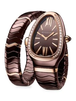 Bvlgari Serpenti Tubogas Rose Gold, Brown Ceramic & Diamond Single Twist Watch/33MM