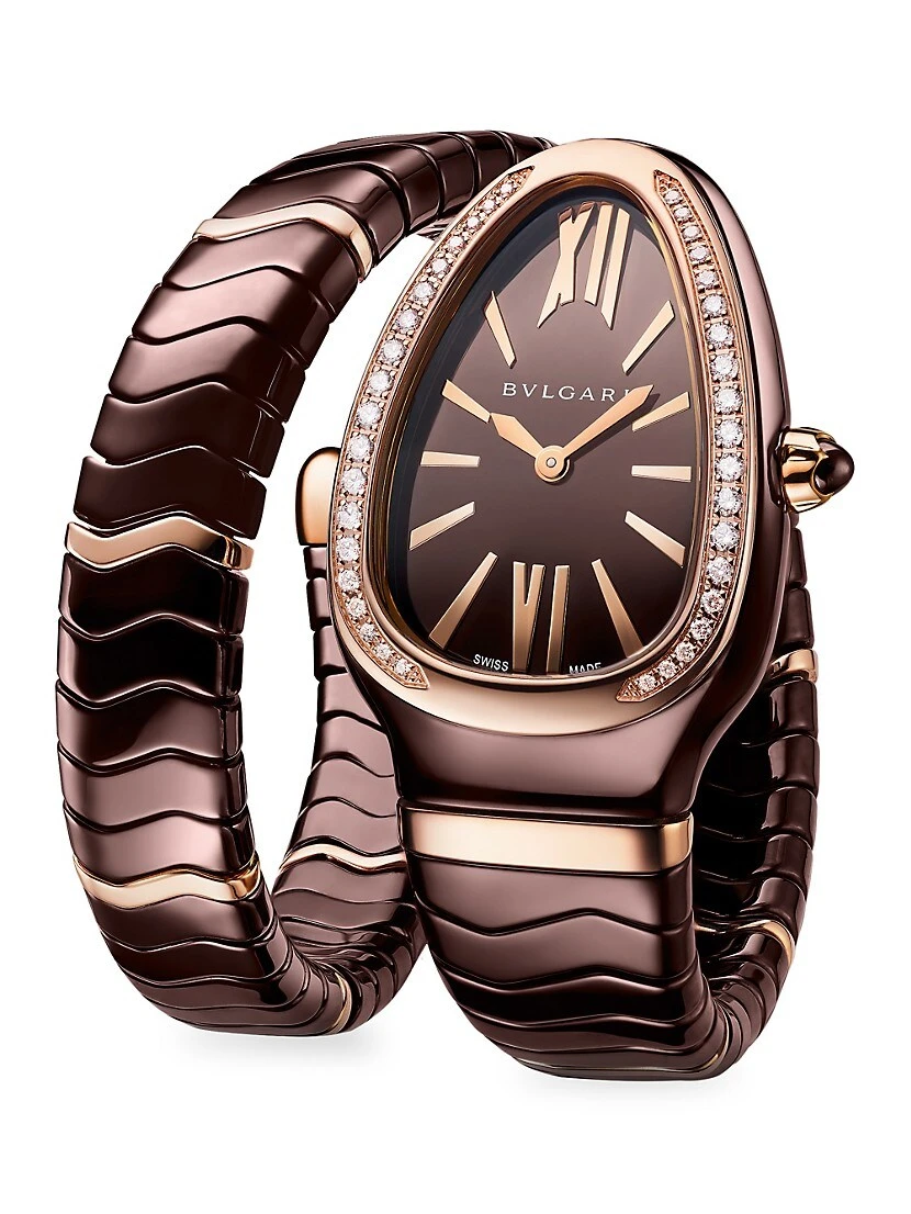 Bvlgari Serpenti Tubogas Rose Gold, Brown Ceramic & Diamond Single Twist Watch/33MM 3 Bvlgari Serpenti Tubogas Rose Gold, Brown Ceramic & Diamond Single Twist Watch/33MM