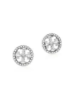 Tory Burch Crystal Logo Silvertone Circle Stud Earrrings