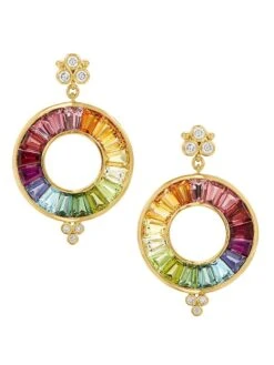 High 18K Yellow Gold, Diamond & Multi-Stone Color Wheel Halo Drop Earrings