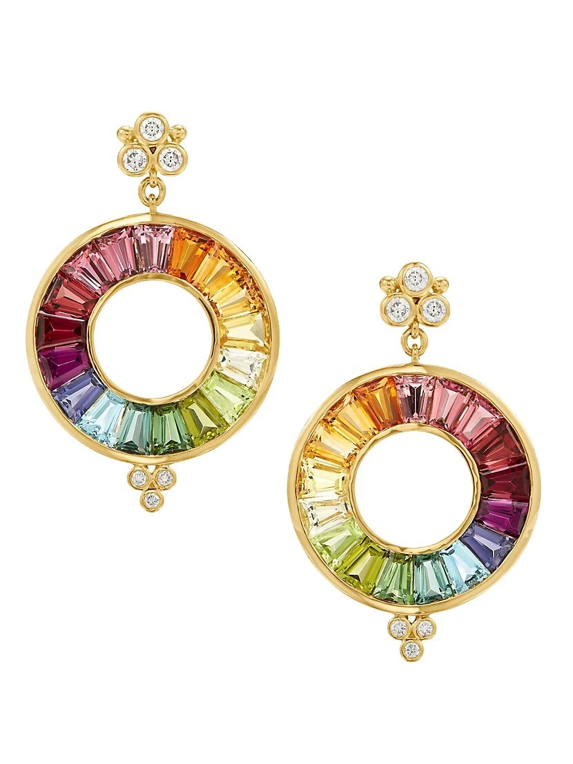 High 18K Yellow Gold, Diamond & Multi-Stone Color Wheel Halo Drop Earrings 3 High 18K Yellow Gold, Diamond & Multi-Stone Color Wheel Halo Drop Earrings