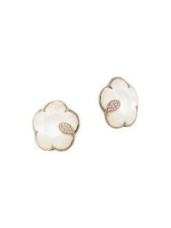 Ton Joli 18K Rose Gold, 0.14 TCW Diamond, White Agate & Mother-Of-Pearl Doublet Flower Earrings