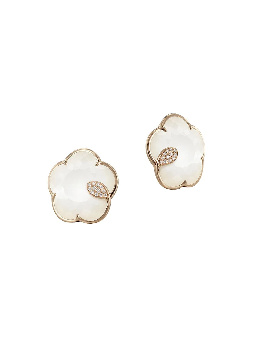 Ton Joli 18K Rose Gold, 0.14 TCW Diamond, White Agate & Mother-Of-Pearl Doublet Flower Earrings 3 Ton Joli 18K Rose Gold, 0.14 TCW Diamond, White Agate & Mother-Of-Pearl Doublet Flower Earrings