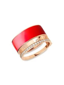 Berbere 18K Rose Gold, Red Lacquer & Diamond 2-Row Ring