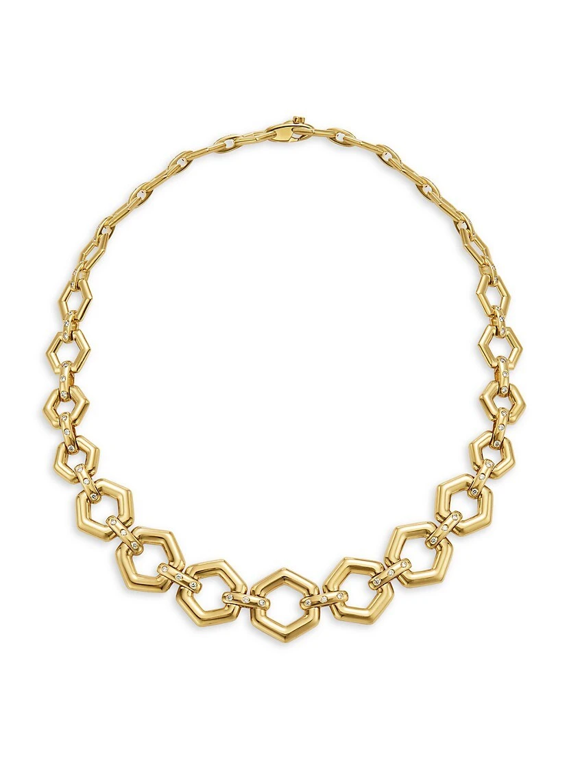 18K Yellow Gold & Diamond Beehive Link Chain Necklace 3 18K Yellow Gold & Diamond Beehive Link Chain Necklace