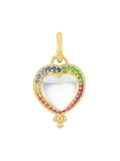 Cl Crystal 18K Gold Pavé Heart Pendant With Rock Crystal And Mix Color Sapphires