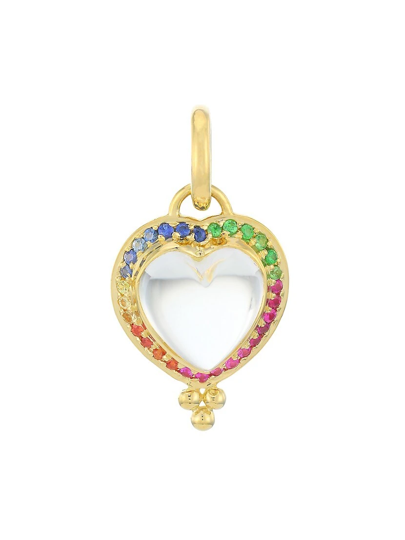 Cl Crystal 18K Gold Pavé Heart Pendant With Rock Crystal And Mix Color Sapphires 3 Cl Crystal 18K Gold Pavé Heart Pendant With Rock Crystal And Mix Color Sapphires