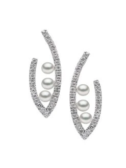 Sleek 18K White Gold, 3-3.5MM Akoya Pearl & Diamond Drop Earrings