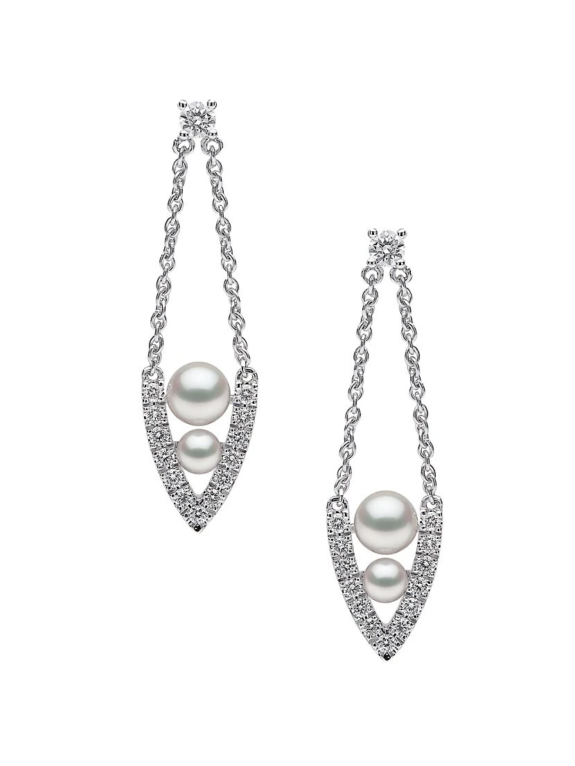 Sleek 18K White Gold, 3-5MM Akoya Pearl & Diamond Chain Teardrop Earrings 3 Sleek 18K White Gold, 3-5MM Akoya Pearl & Diamond Chain Teardrop Earrings