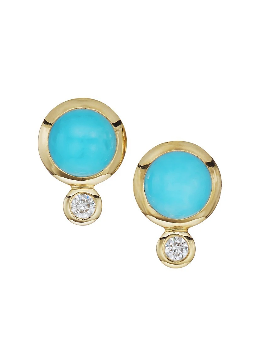 Classis Bouton 18K Yellow Gold, Turquoise & Diamond Stud Earrings 3 Classis Bouton 18K Yellow Gold, Turquoise & Diamond Stud Earrings