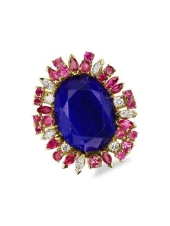 18K Yellow Gold, Lapis Lazuli Sapphire, Ruby & Diamond Ring