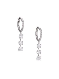 18K White Gold & 3 Round Diamond Drop Huggie Hoop Earrings