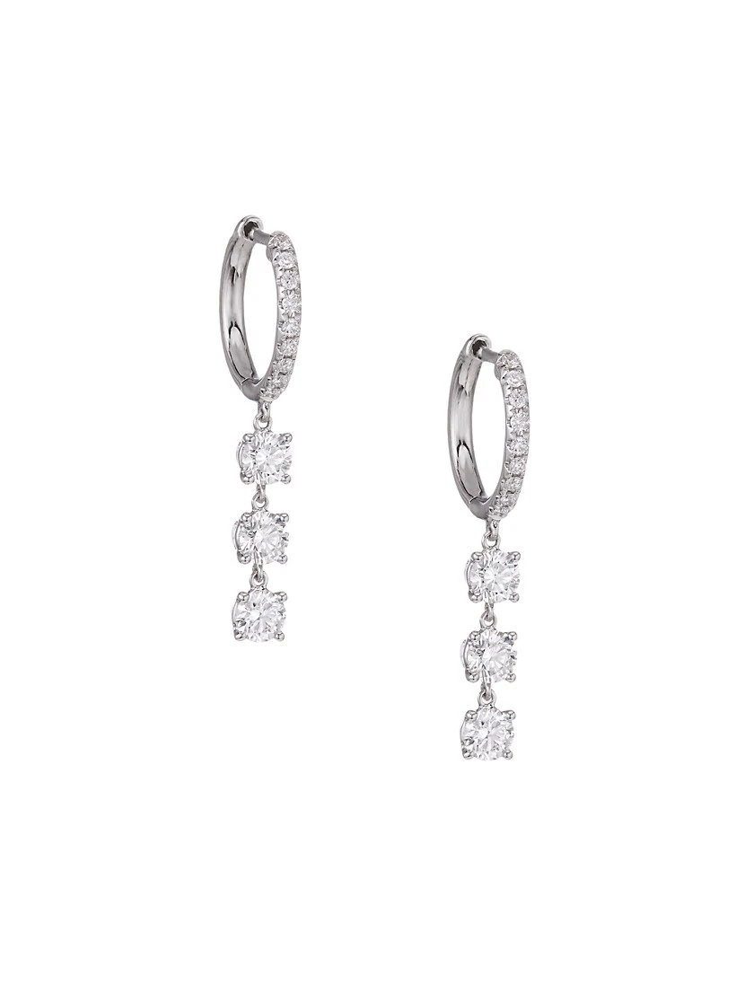 18K White Gold & 3 Round Diamond Drop Huggie Hoop Earrings 3 18K White Gold & 3 Round Diamond Drop Huggie Hoop Earrings