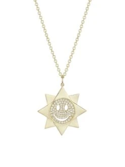 14K Yellow Gold & Diamond Happy Face Sun Pendant Necklace