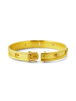 Stone Hammered 19K Yellow Gold & Diamond Flat Thin Bangle -Fashion Jewelry & Accessories 0400014619860 A2
