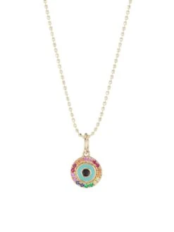 14K Yellow Gold & Rainbow Stone Evil Eye Charm Necklace