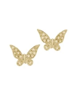 14K Yellow Gold & Diamond Butterfly Stud Earrings