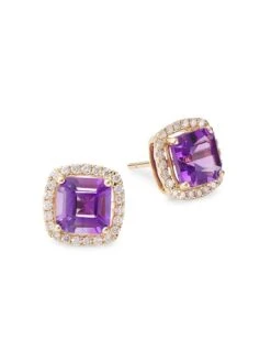 14K Gold, Diamond & Amethyst Stud Earrings