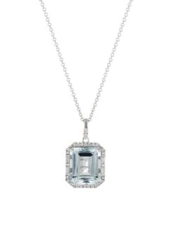 14K White Gold, 0.28 TCW Diamond & Aquamarine Pendant Necklace