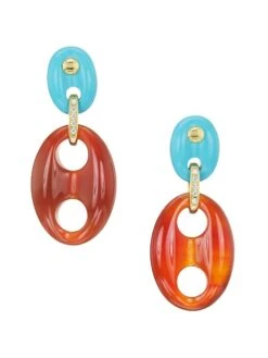18K Yellow Gold, Carnelian & Turquoise Stone Mariner Link Earrings