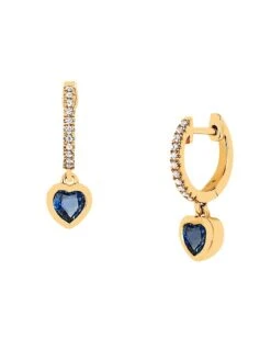 14K Yellow Gold, Blue Sapphire, & Diamond Huggie Hoop Earrings