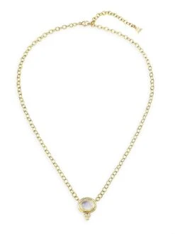 Classic 18K Gold, Diamond & Blue Moonstone Temple One Station Necklace