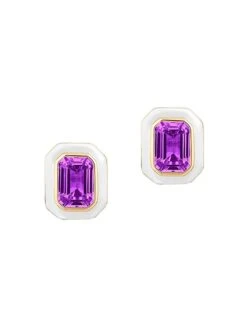 Queen 18K Yellow Gold, Amethyst, & Enamel Stud Earrings