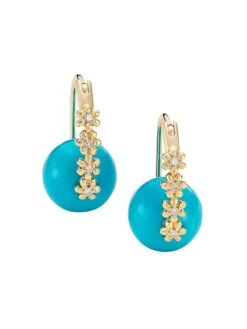 14K Yellow Gold, Turquoise, & Diamond Drop Earrings