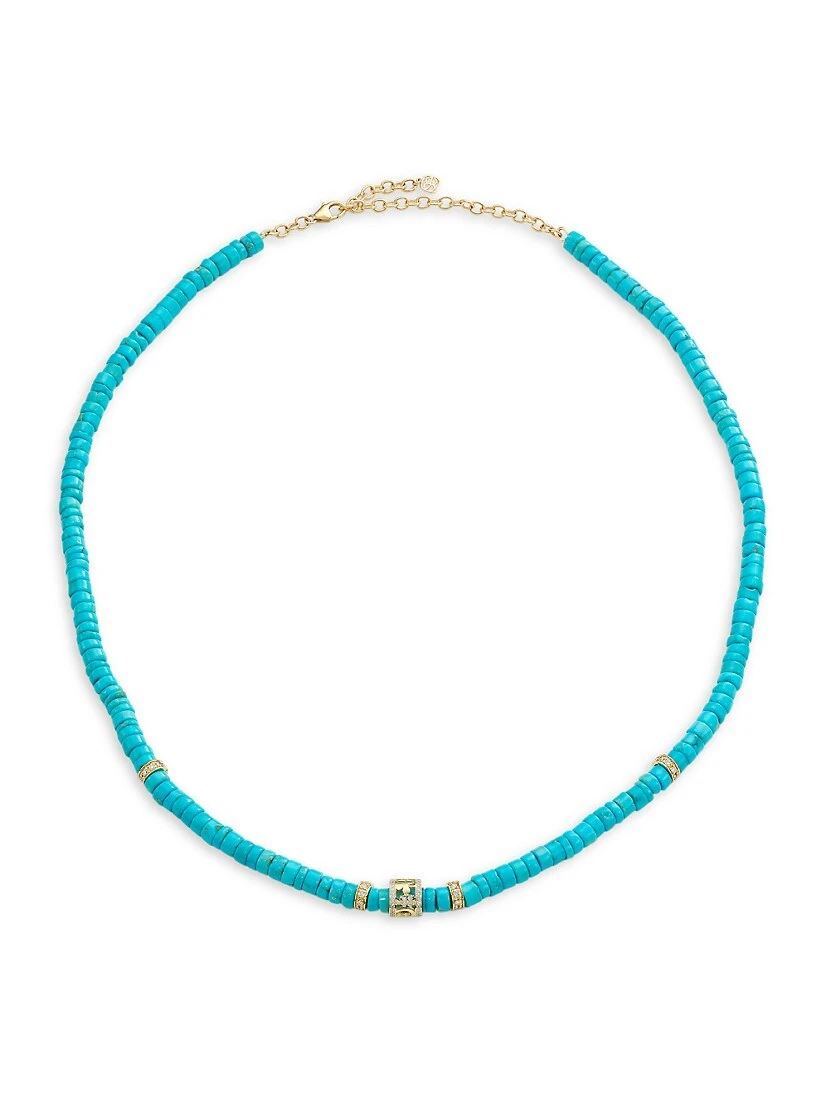 Lucky Icon 14K Yellow Gold, Turquoise, & Diamond Beaded Necklace 3 Lucky Icon 14K Yellow Gold, Turquoise, & Diamond Beaded Necklace