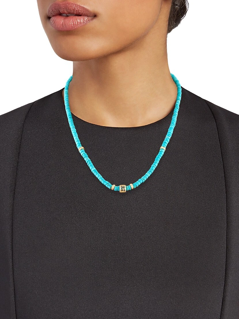 Lucky Icon 14K Yellow Gold, Turquoise, & Diamond Beaded Necklace 4 Lucky Icon 14K Yellow Gold, Turquoise, & Diamond Beaded Necklace - Image 2