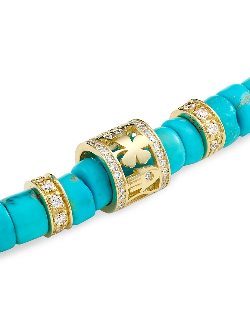 Lucky Icon 14K Yellow Gold, Turquoise, & Diamond Beaded Necklace 6 Lucky Icon 14K Yellow Gold, Turquoise, & Diamond Beaded Necklace - Image 4