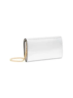 MOSCHINO Metallic Leather Crystal-Logo Wallet-On-Chain -Fashion Jewelry & Accessories 0400017414743 SILVER A3