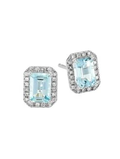 14K White Gold, Aquamarine, & 0.2 TCW Diamond Halo Stud Earrings