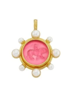 19K Yellow Gold, Venetian Glass Intaglio & 6-8MM Pearl Pendant