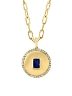 14K Yellow Gold, Sapphire, & 0.22 TCW Diamond Medallion Pendant Necklace