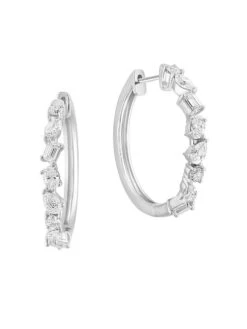 14K White Gold & 0.41 TCW Diamond Hoop Earrings