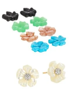 Luxury 18K Yellow Gold & Multi-Gemstone Flower Stud Earrings Set