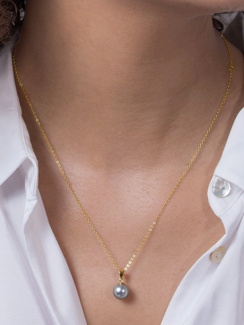 14K Yellow Gold & 9-10MM Grey Tahitian Pearl Pendant Necklace 4 14K Yellow Gold & 9-10MM Grey Tahitian Pearl Pendant Necklace - Image 2