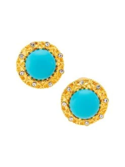 22K Gold-Plated, Turquoise & Crystal Glass Button Clip-On Earrings