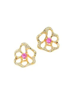 Stardust Drizzle Flora Small 18K Yellow Gold, Pink Sapphires & 0.30 Diamond Stud Earrings