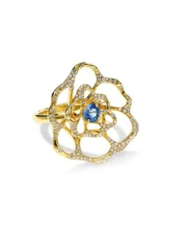 Stardust 18K Yellow Gold, Blue Sapphire & 0.53 TCW Diamond Large Flower Ring