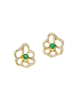 Stardust 18K Yellow Gold, Emerald & 0.3 TCW Diamond Flower Stud Earrings