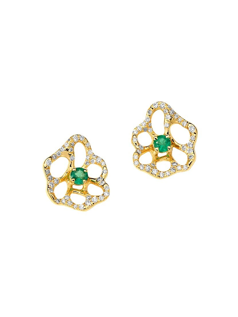 Stardust 18K Yellow Gold, Emerald & 0.3 TCW Diamond Flower Stud Earrings 3 Stardust 18K Yellow Gold, Emerald & 0.3 TCW Diamond Flower Stud Earrings