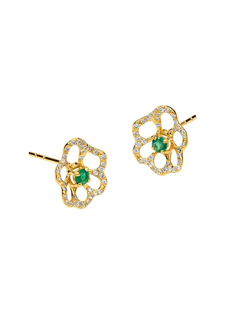 Stardust 18K Yellow Gold, Emerald & 0.3 TCW Diamond Flower Stud Earrings 4 Stardust 18K Yellow Gold, Emerald & 0.3 TCW Diamond Flower Stud Earrings - Image 2