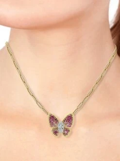 14K Yellow Gold, Pink Sapphire & 0.27 TCW Diamond Butterfly Pendant Necklace -Fashion Jewelry & Accessories 0400018809744 PINK A2