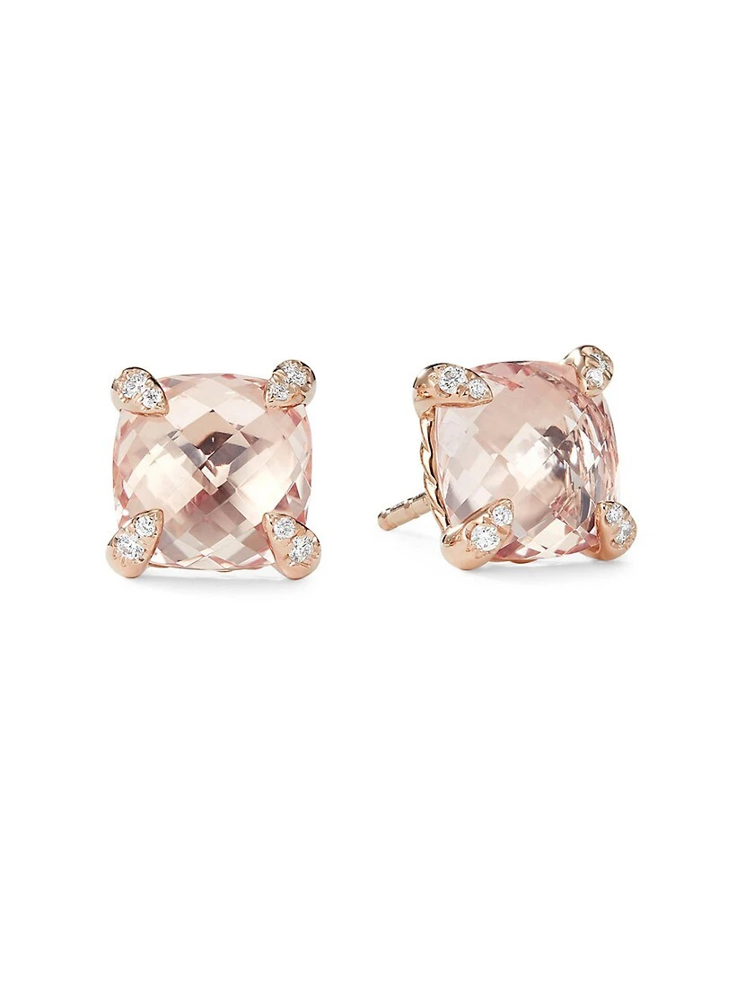 Châtelaine Stud Earrings With Morganite & Diamonds In 18k Rose Gold/8mm 3 Châtelaine Stud Earrings With Morganite & Diamonds In 18k Rose Gold/8mm