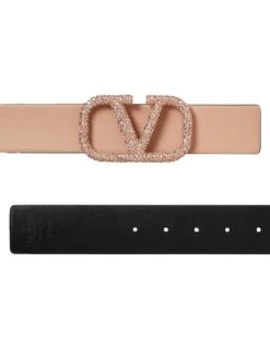 Valentino Garavani Vlogo Signature Reversible Shiny Calfskin Belt 40 MM -Fashion Jewelry & Accessories 0400019563156 ROSECANNELLEBLACK A2