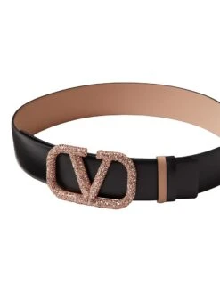 Valentino Garavani Vlogo Signature Reversible Shiny Calfskin Belt 40 MM -Fashion Jewelry & Accessories 0400019563156 ROSECANNELLEBLACK A3