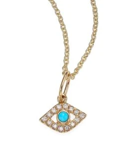 14K Yellow Gold, Diamond & Turquoise Evil Eye Necklace