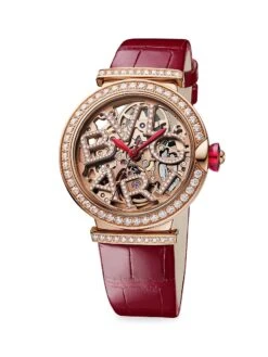 Bvlgari LVCEA 18K Rose Gold, Diamond & Alligator Strap Skeleton Watch